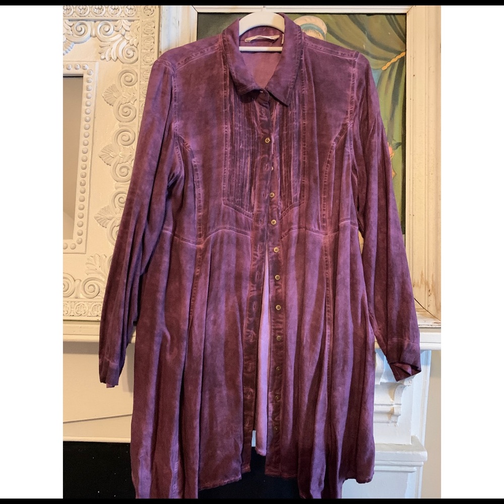 Soft Surroundings 100% Cotton Purple Acid Wash Tunic Shirt Button Down